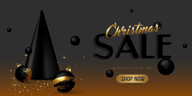 3d kegel boom met levitatie gouden zwarte kerstballen Kerst verkoop concept Nieuwjaar banner