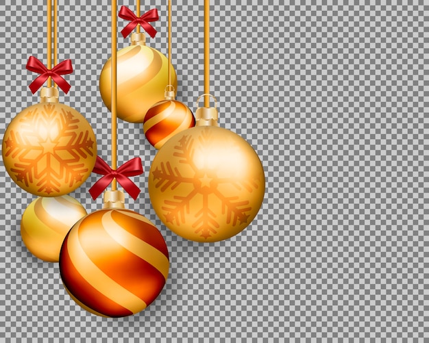 Vector 3d kerstmis gouden ballen die op transparante achtergrond worden geïsoleerd.