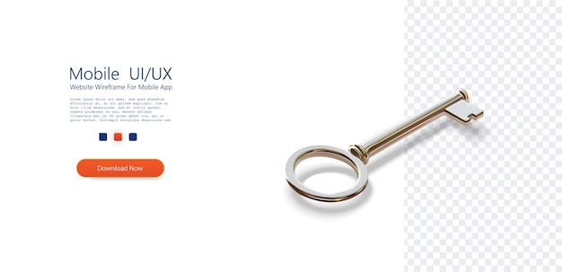 3D key icon for mobile app website wireframe design featuring a shiny golden key with detailed metal texture for use in apprelated navigation and user interaction