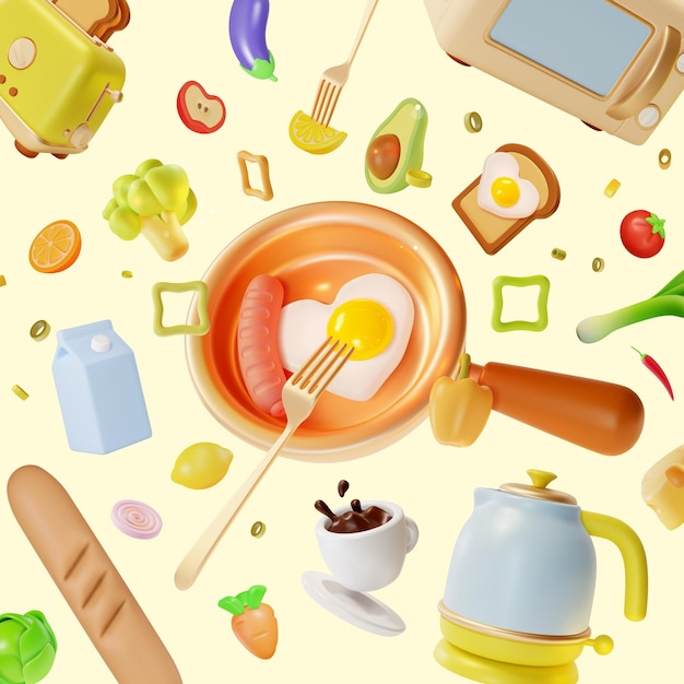 3d kitchen cooking and culinary concept background cartoon style vector
