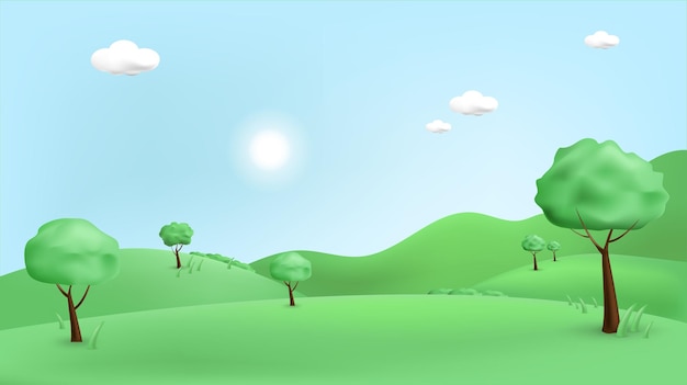 Вектор 3d пейзажная иллюстрация гор и холмов с 3d деревьями, облаками и солнцем