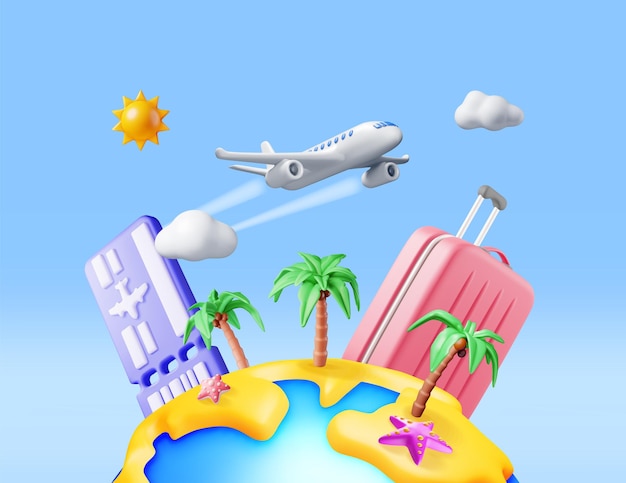 Vector 3d landscape of palm on beach airplane ticket bag