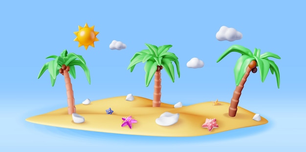 3D-landschap van een palmboom op het strand