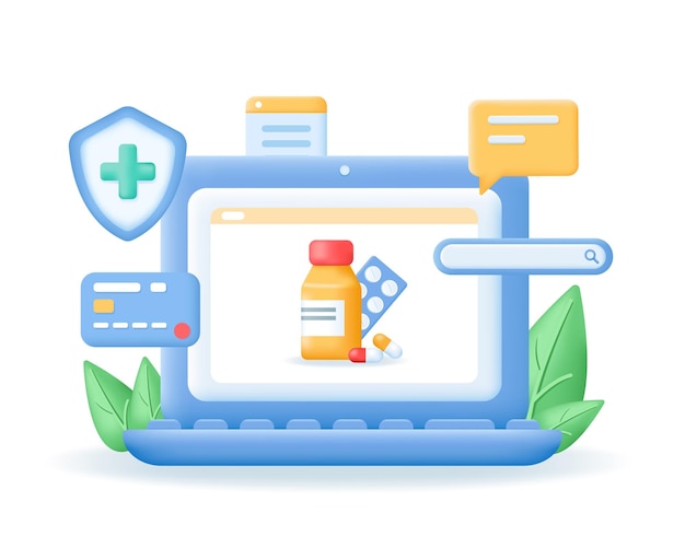 3d-laptop met pillen op het scherm Online-apotheekconcept Verkoopkortingen bij het kopen van medicijnen 3d-geneeskunde