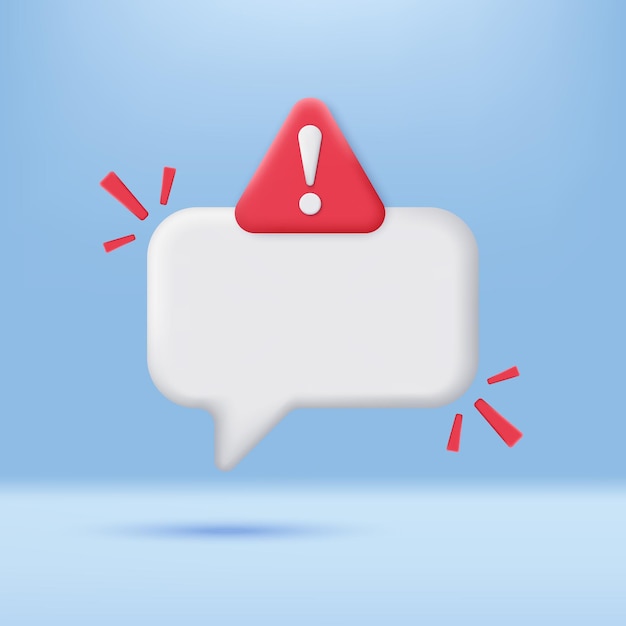 3D lege chat bubble met rode driehoek waarschuwing icoon Fail chat bericht kennisgeving Minimale spraak bubble met aandacht waarschuwing teken 3D vector icoon render illustratie