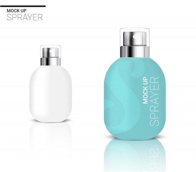 3d-lege realistische spray fles cosmetica of lotion voor huidverzorgingsproduct verpakking met blauw en cap