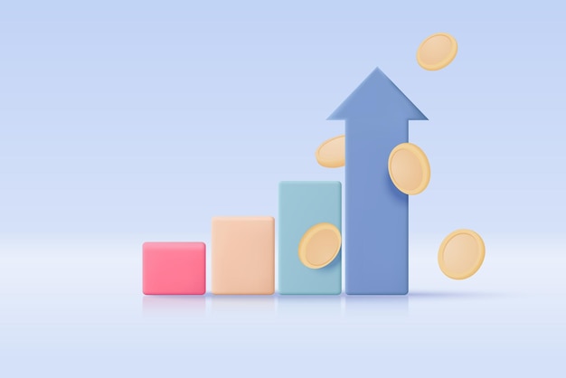 3d-leiderschap voor succesvol nieuw idee uitstekende investering zakelijke grafiek op achtergrond investeringen creatieve oplossing met geld munt en grafiek concept 3d-vector financiën renderen op blauwe achtergrond