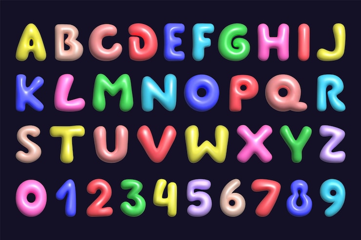 Vector 3d 文字 アルファベットと数字 フォント キッド バルーン タイポグラフィー カラフルなバブル おもちゃ カラー キャンディー パーティー テキスト カートゥーン 子供 プラスチック 孤立した要素 ベクトル 子供の誕生日 輝くイラスト