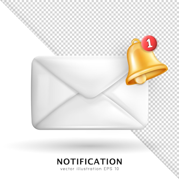 3d letter with golden ringing bell and red button. 3d cartoon paper envelope with notification