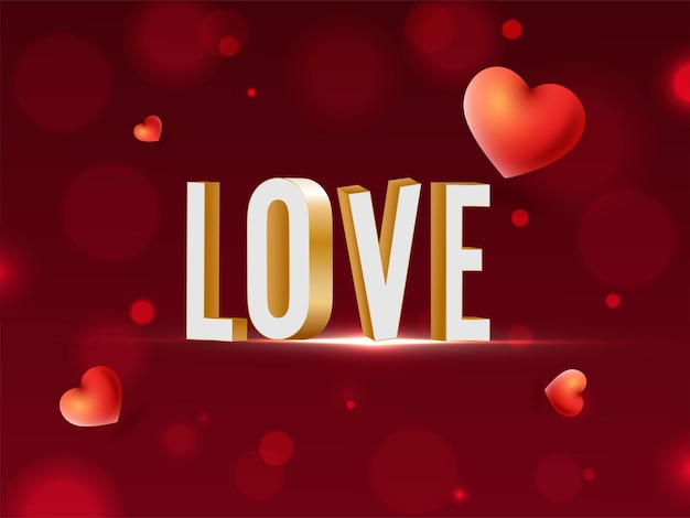 3d liefde tekst met glanzende harten op rode bokeh achtergrond.