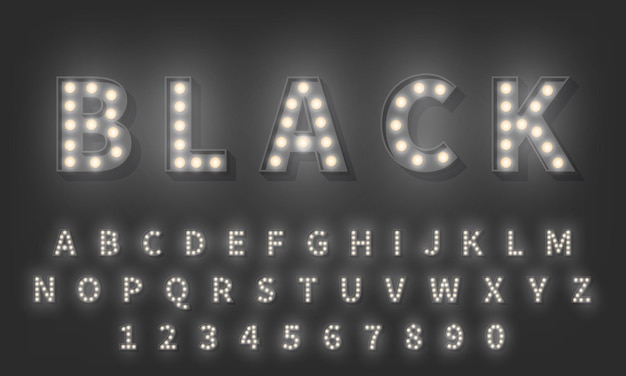 Vector 3d light bulb alphabet. dark style 3d retro typography typeface