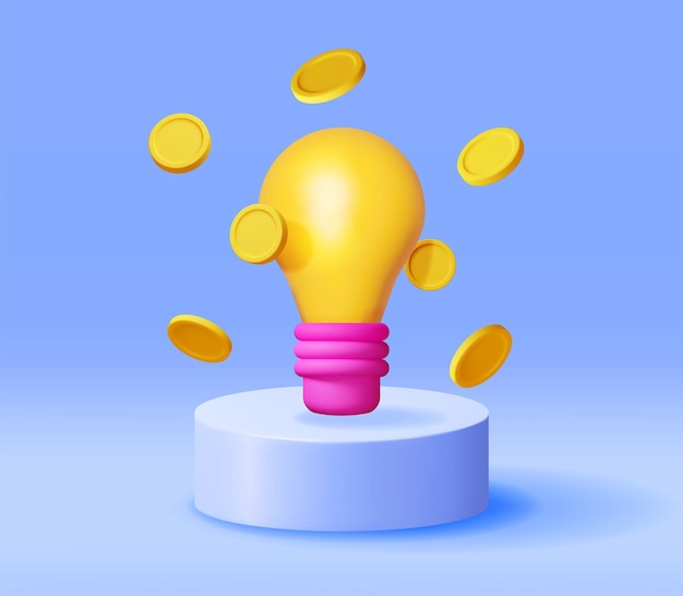 3D Light Bulb with Golden Coins on Podium