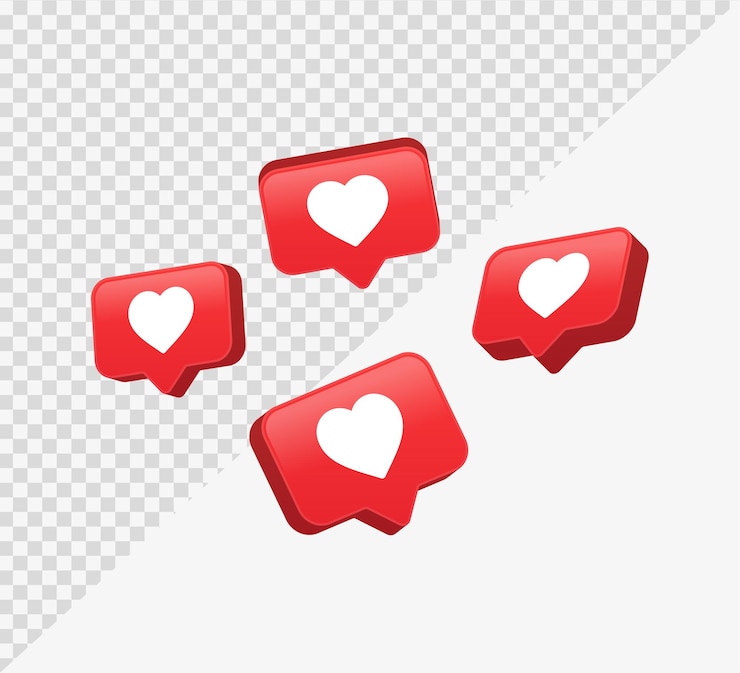 Vector 3d like love icon in red speech bubble or set of heart likes symbols with notification icons bubbles