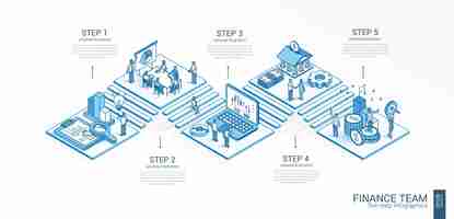 Vector 3d line isometric finance team infographic template bank data analysis presentation layout 5 option steps process parts growth concept