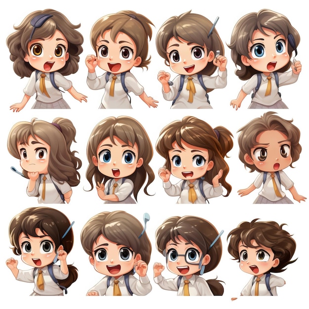 Vector 3d line stickers of a cute girl in multiple posses and ex