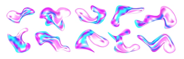 3D liquid abstract shapes with chrome and holographic effect Iridescent blobs splashes and doodles in Y2K style Floating geometric forms with neon glow gradient texture and fluid motion