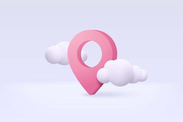 3d location point marker of map or navigation pin icon sign on isolated cloud background navigation is pink pastel colour with shadow on map direction 3d gps pin vector rendering illustration