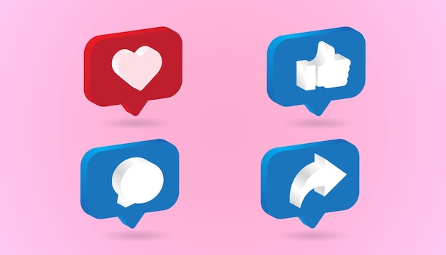 3D Love Like Comment and Share icon with notifications, social media notification