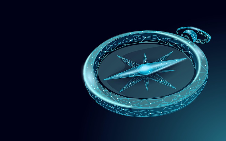 Vector 3d low poly compass. business strategy problem solution concept.