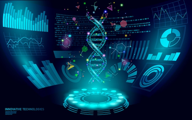 Display dell'interfaccia utente 3d hud dna a bassa poli terapia genica. futuro triangolo poligonale punto linea sana blu astratto medicina genoma ingegneria illustrazione tecnologia business futuro