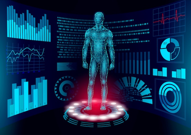 Medico di visualizzazione hud 3d poli basso corpo umano online. esame web del futuro laboratorio di medicina di tecnologia. illustrazione futuristica dell'interfaccia utente di diagnostica di malattia del sistema sanguigno