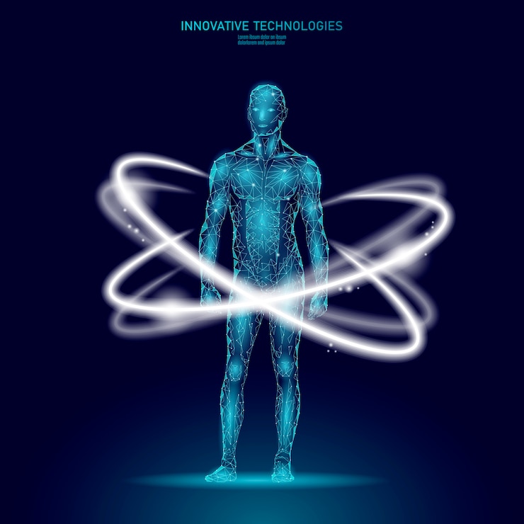 Vector 3d low poly human body hud display doctor online. future technology