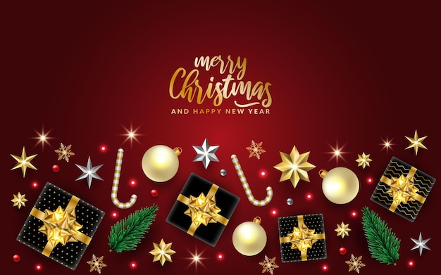 3d luxe gouden Merry Christmas feliz natal achtergrond banner boom en snuisterij ballen sterren geschenkdoos