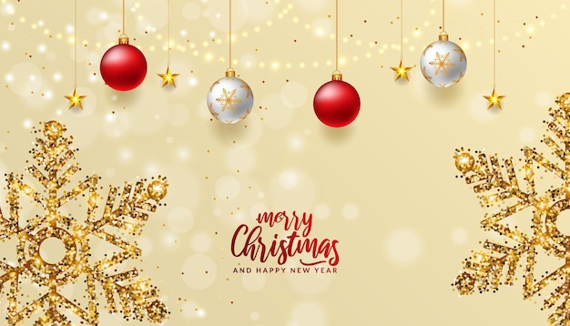 3d luxe gouden ster sneeuwvlok vrolijk kerstfeest Feliz natal banner achtergrond met snuisterij
