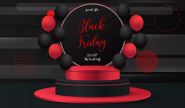 Scena di vendita di lusso del black friday 3d per la presentazione del prodotto con palloncino e palco