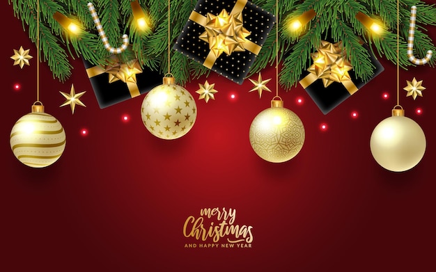 3d luxury golden Merry Christmas feliz natal background banner with pine branches bauble gift boxes