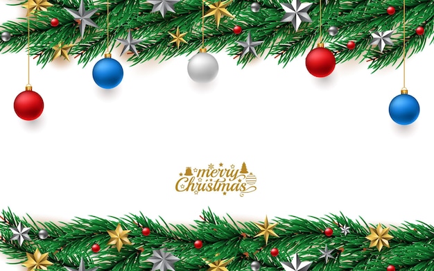 3d luxury golden Merry Christmas feliz natal background banner with pine branches border bauble