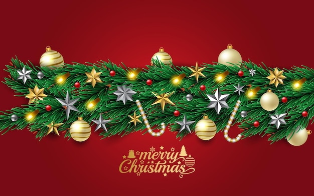 Vettore 3d lusso dorato merry christmas feliz natal sfondo banner con rami di pino ghirlanda bagattella