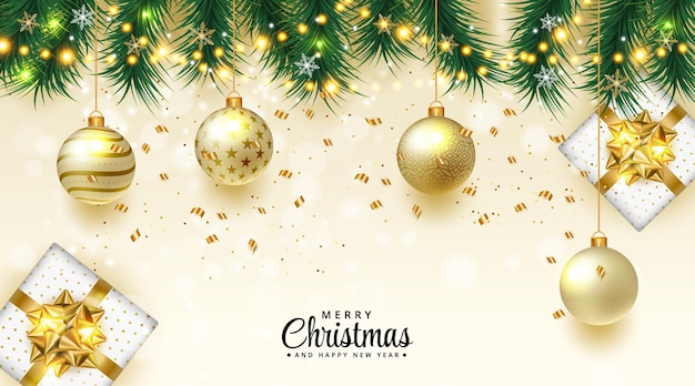 3d luxury golden merry Christmas Feliz natal banner background with gold bauble