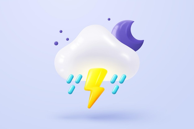 3d maan of halve maan met wolken en bliksem of bliksem Weervoorspelling regenachtig weer en storm Glanzende halve maand met ster 3d donder met maan icoon vector render illustratie