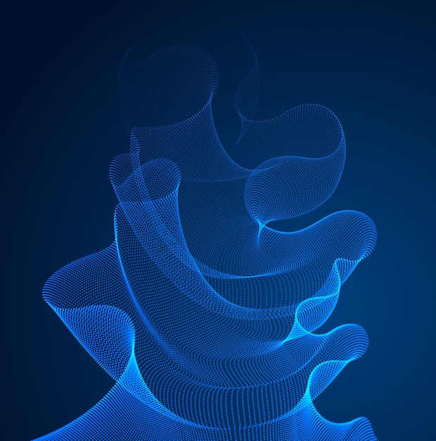 3D-magische deeltjes mesh-array over donkere, geluidsgolf vloeiende, transparante tule textiel op wind. Ronde punten vector effect illustratie. Blended mesh, rustgevend ontspannend behang.