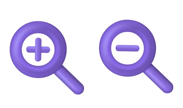 3d magnifier with plus and minus symbol, search icon