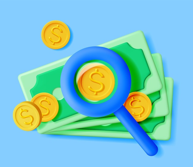 Vector 3d magnifying glass and pile of money