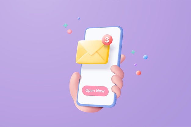 Vector 3d mail envelope icon with notification new message in hand holding smartphone minimal email letter with letter paper read icon message concept 3d vector render isolated purple pastel background