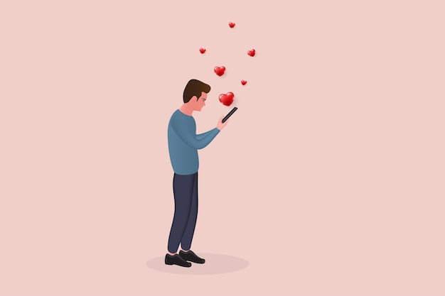 3d man holding mobile smartphone and hearts flying out smartphone 3d vector illustrator