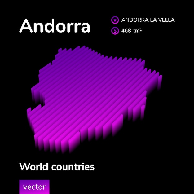 3D Map of Andorra stylized neon digital isometric striped vector with in violet purple pink colors