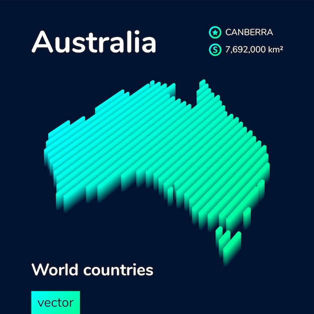 3D Map of Australia is in green and mint colors on the dark blue background