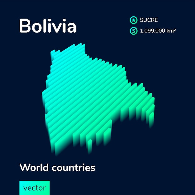 3D map of Bolivia Stylized striped digital neon isometric vector map is in green and mint colors