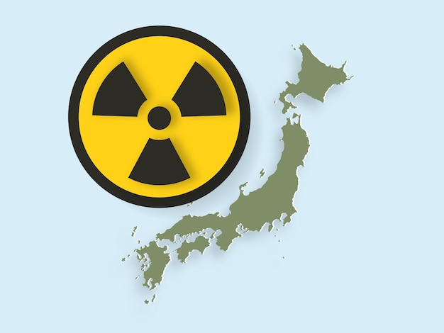 放射性シンボルのベクトル図と日本の 3 D 地図