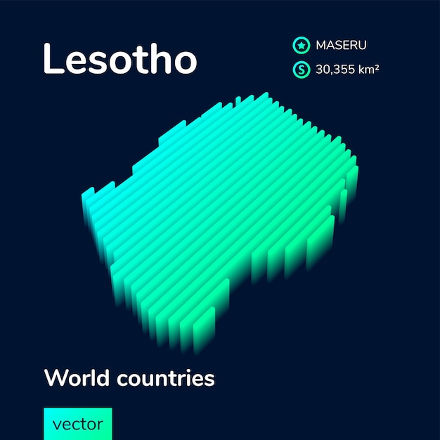 레소토의 3D 지도 양식화된 줄무늬 아이소메트릭 벡터 레소토의 지도는 네온 녹색과 민트 색상으로 되어 있습니다.
