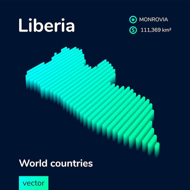 リベリアの3Dマップ様式化された縞模様の等角投影ベクトルリベリアのマップはネオングリーンとミントの色です