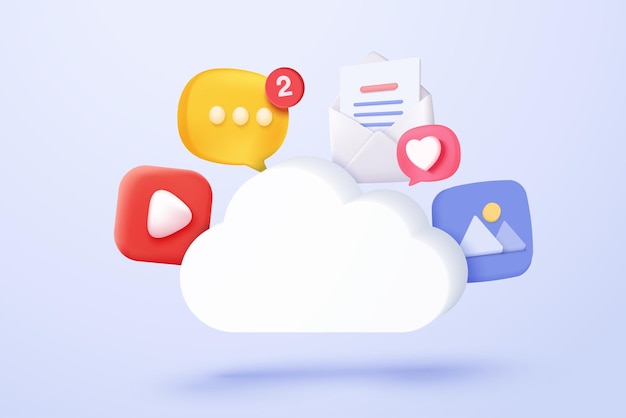 Vector 3d media cloud for management multimedia file document image and video document folder on digital file app with data transfer notification icon 3d cloud storage icon vector render illustration