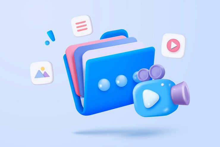 Vector 비디오 및 사진 갤러리 라이브러리와 함께 3d 미디어 데이터 데이터베이스에서 이미지 및 비디오 파일을 검색 문서 관리 소프트 문서 형태 복합 문서 개념 3d 파일 아이콘 터 렌더 일러스트