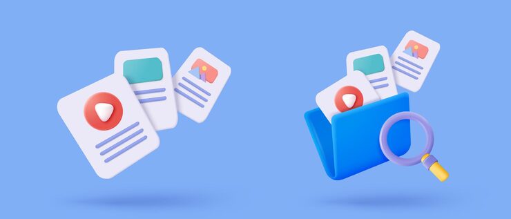 Vector 3d 媒體檔案管理概念:在資料庫中搜尋圖像和視頻檔案 文件管理軟文檔流應用 複合文檔概念 3d 放大圖標 矢量染插圖