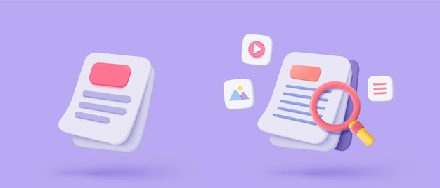 3D 媒體檔案管理概念:在資料庫中搜尋圖像和視頻檔案 文件管理軟文檔流應用 複合文檔概念 3D 放大圖標 矢量染插圖
