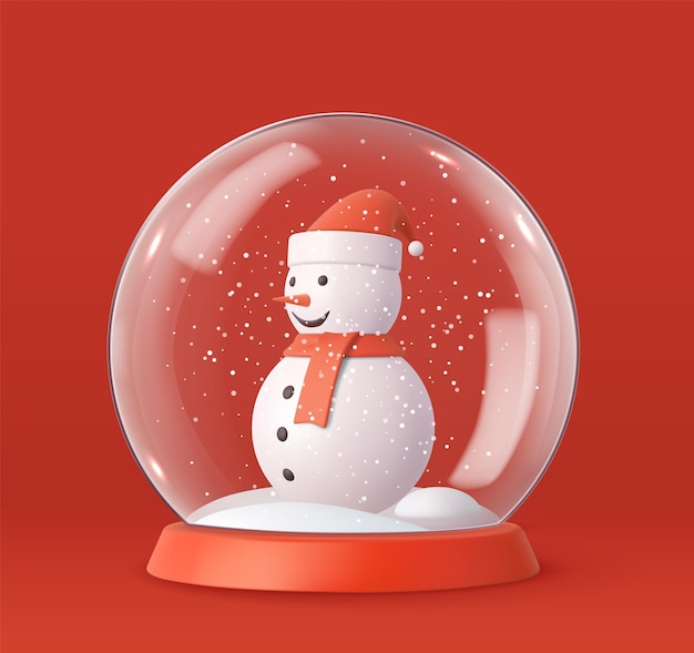 Вектор 3d с рождеством и новым годом прозрачный снежный шар со снеговиком и снежинками рождественский декоративный дизайн 3d-рендеринг векторная иллюстрация